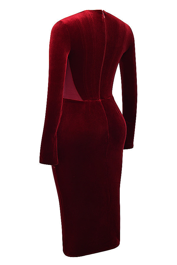 red long sleeve velvet midi dress