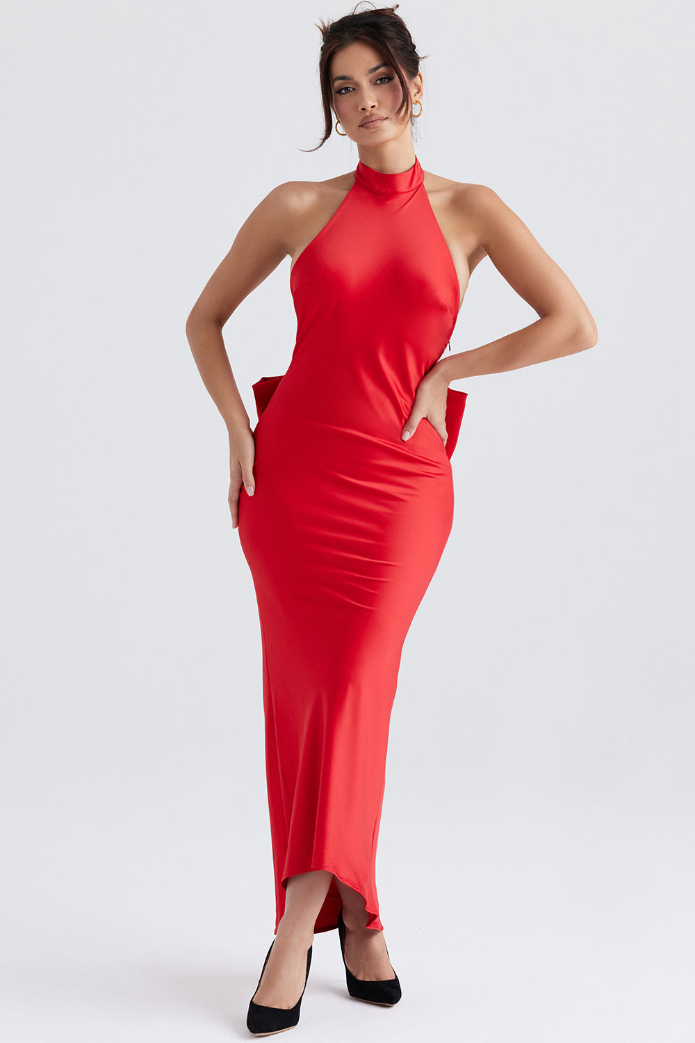 red halter maxi dress with back bow