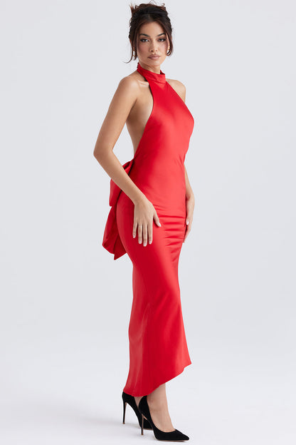 red satin halter maxi dress with back bow tie