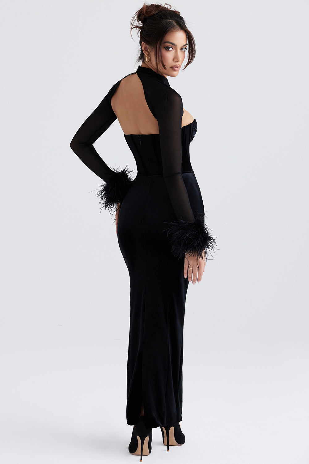 Velvet dress outlet with feathers