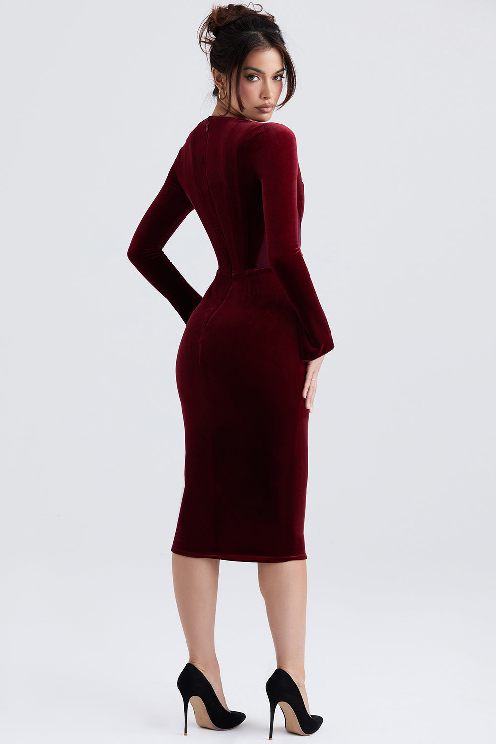 burgundy velvet long sleeve dress