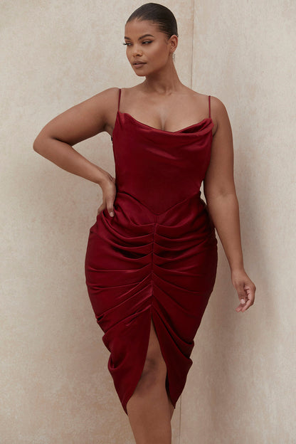 red satin cocktail midi dress