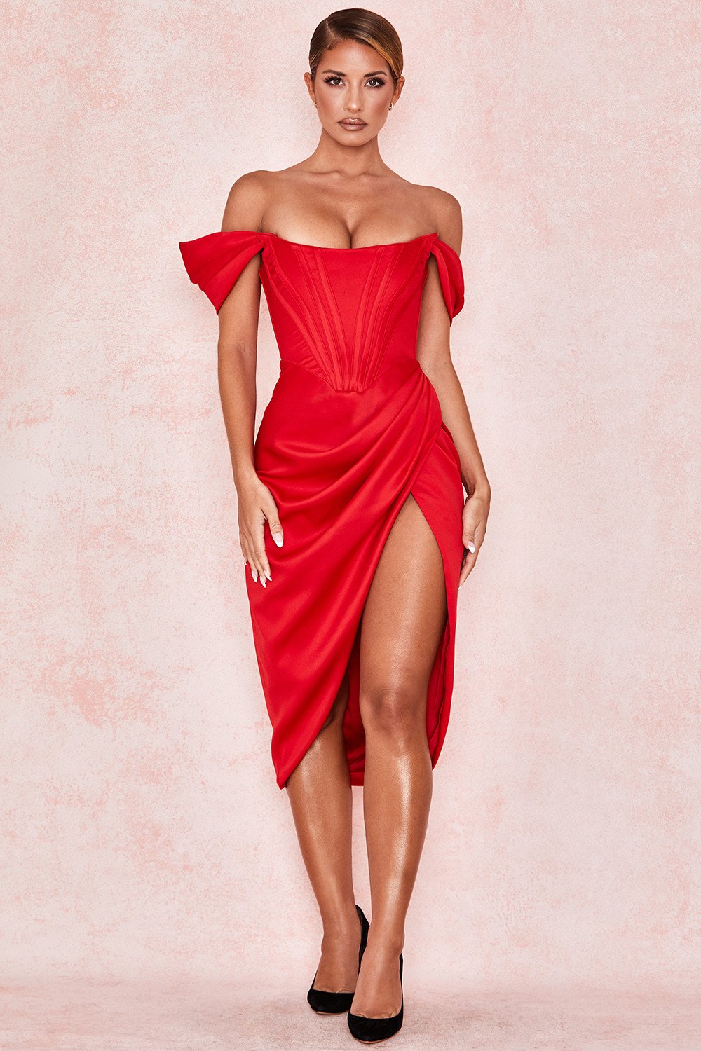 red off the shoulder midi dress with thigh slit