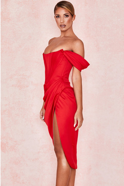 thigh slit off shoulder cocktail dress